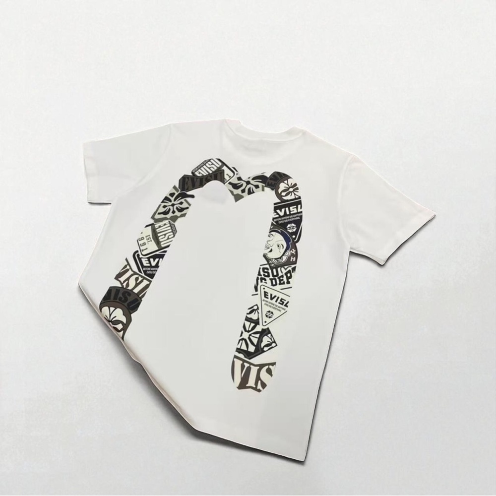Evisu White Short Sleeve Tee with Bold Graphic Design